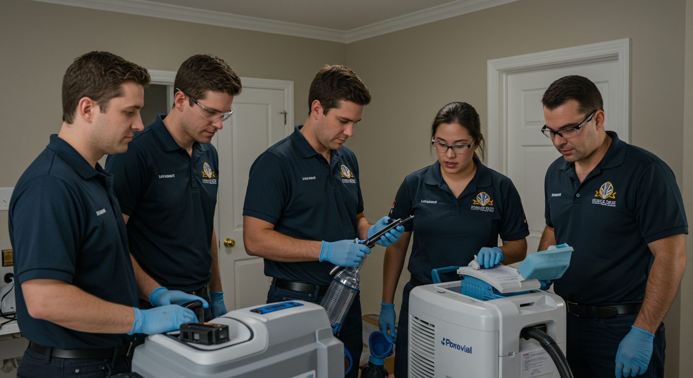 A team of mold removal professionals working together in a home, using equipment like air scrubbers and dehumidifiers. They are focused and collaborating effectively.