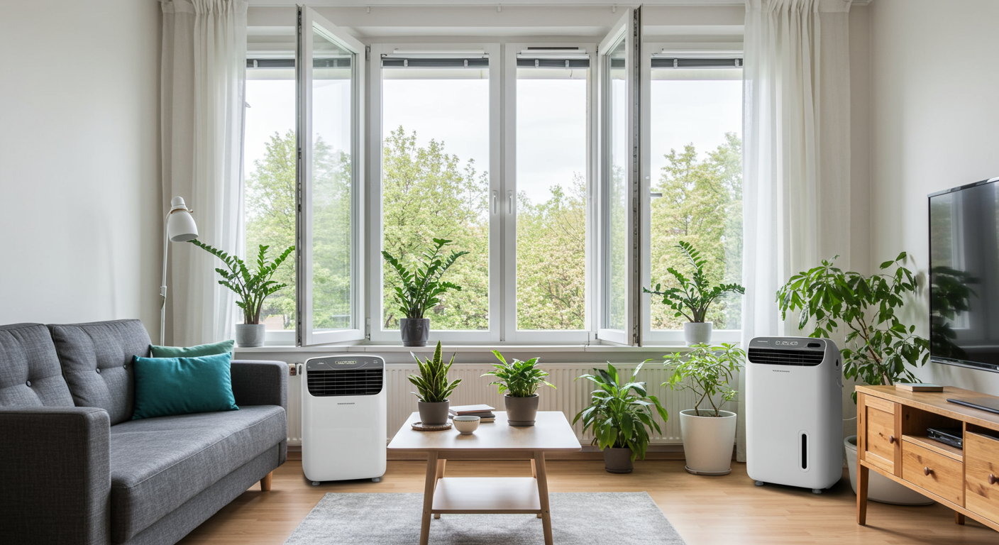 A bright and airy living room with open windows, showcasing dehumidifiers and houseplants that help maintain air quality. This image represents a mold-free environment and preventive measures.