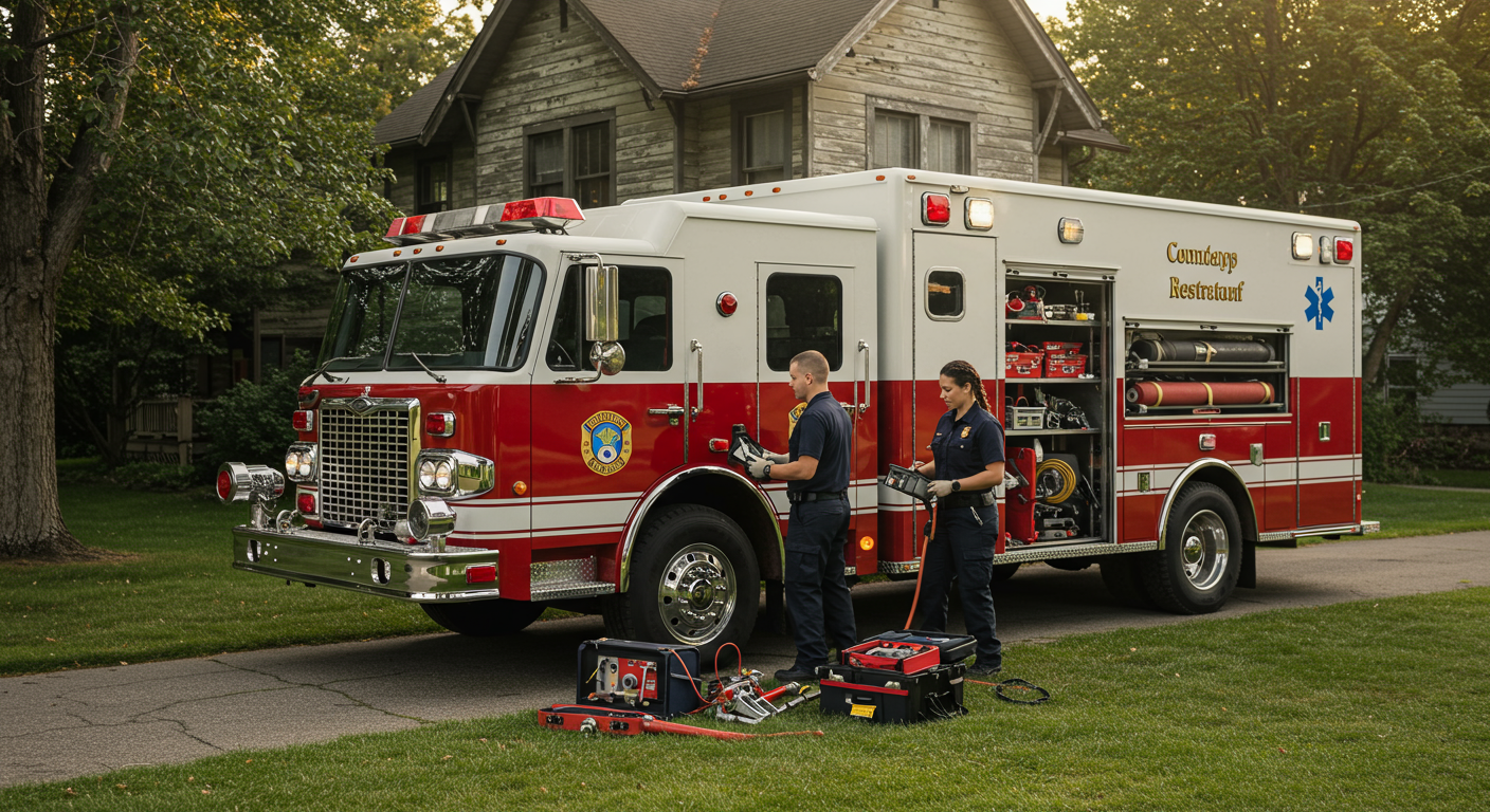 A restoration vehicle parked outside a home, with technicians preparing their equipment. This showcases readiness to respond to emergencies.
