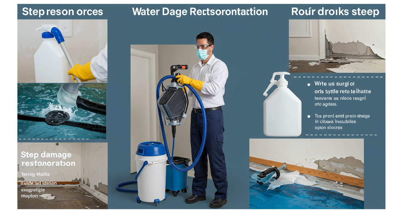 A step-by-step visual of the water damage restoration process, featuring a technician using drying equipment, applying mold treatment, and repairing damaged areas.