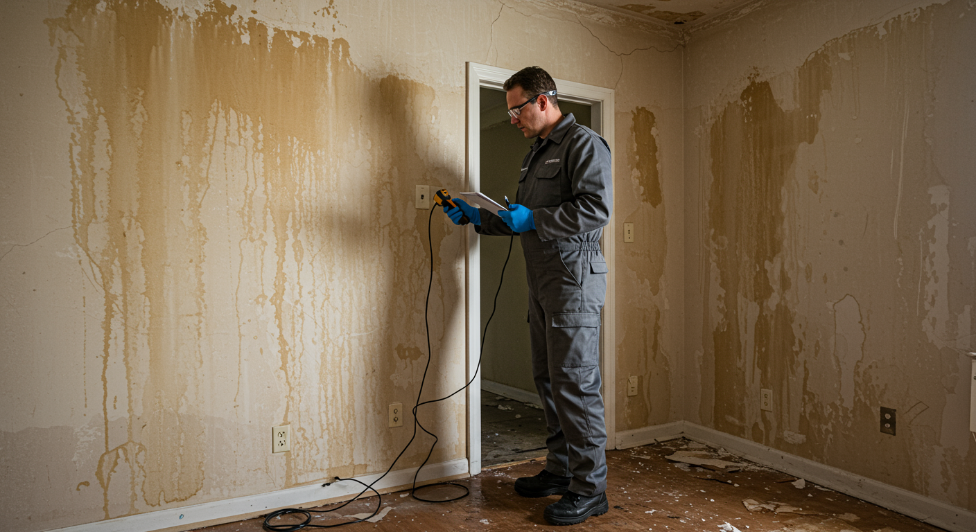 A professional restoration technician inspecting a water-damaged room, with visible water stains on the walls and floor. The technician is using a moisture meter to assess the extent of the damage.