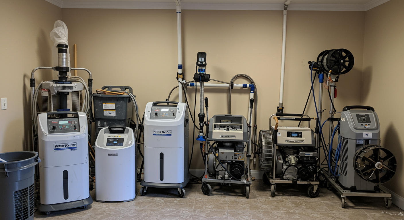 An array of water damage restoration equipment set up in a home, including dehumidifiers and air movers. This image conveys the advanced technology used in the remediation process.