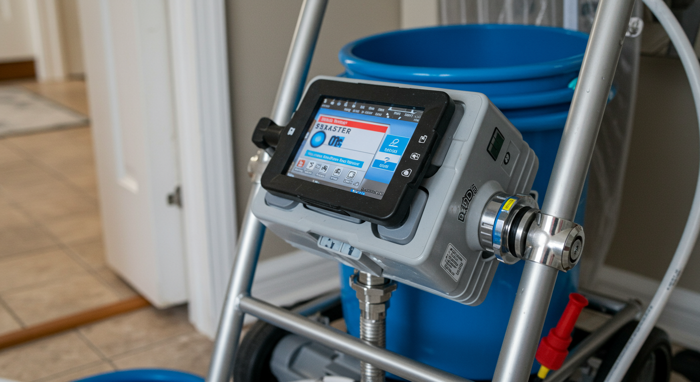 A close-up of professional water extraction equipment set up in a home environment, emphasizing the tools used in emergency restoration.