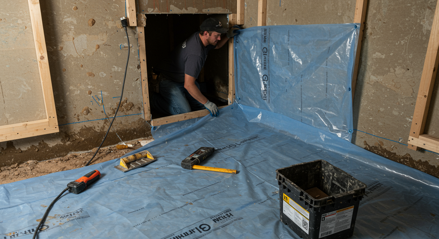 A worker actively installing a vapor barrier in a crawl space. The image captures the process of sealing the area with heavy-duty plastic sheeting, emphasizing the transformation from a damp environment to a controlled space.