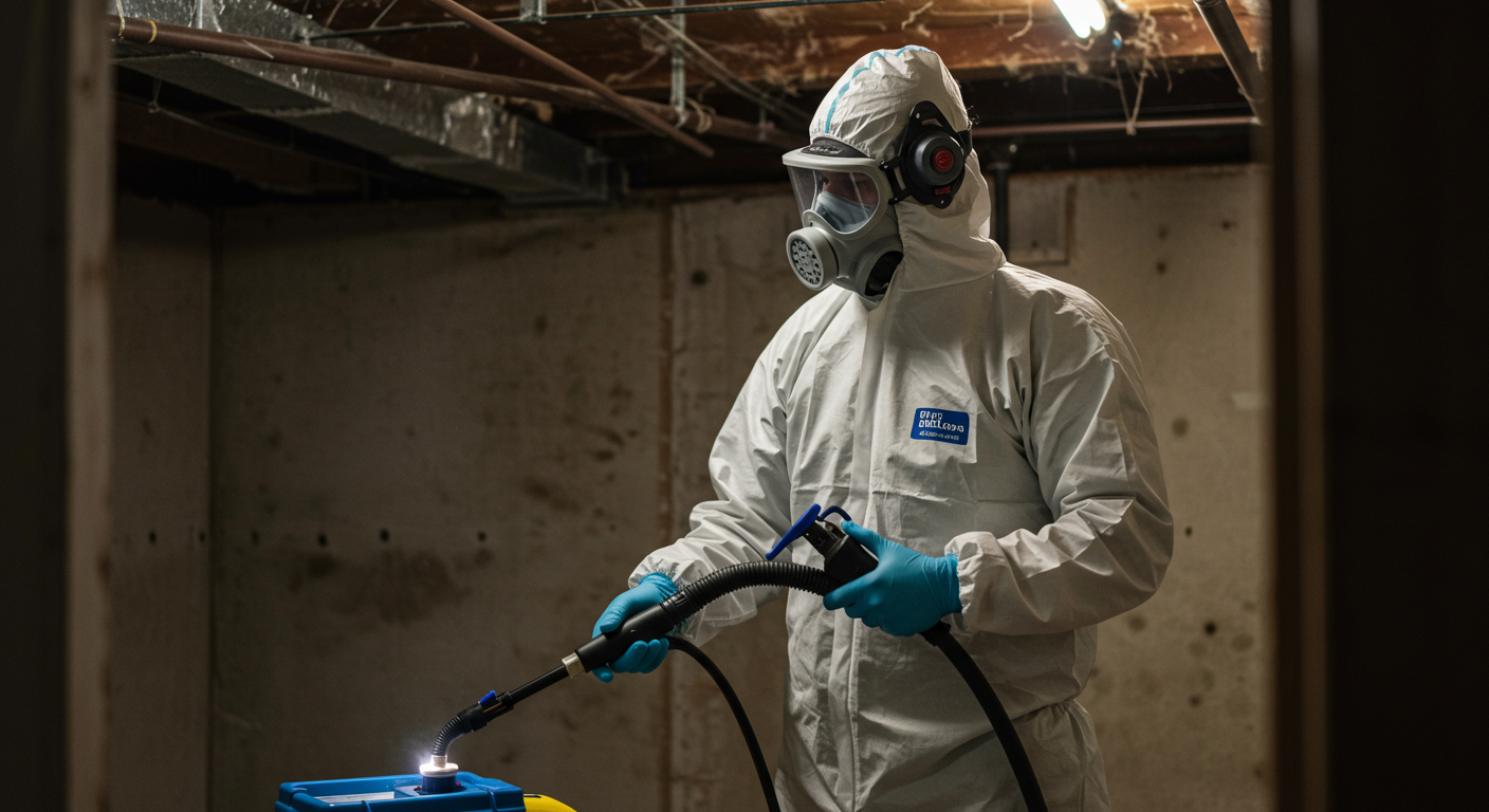 A professional mold remediation technician in protective gear, using specialized equipment to treat mold in a residential basement. The focus is on the technician actively working, showcasing the process.