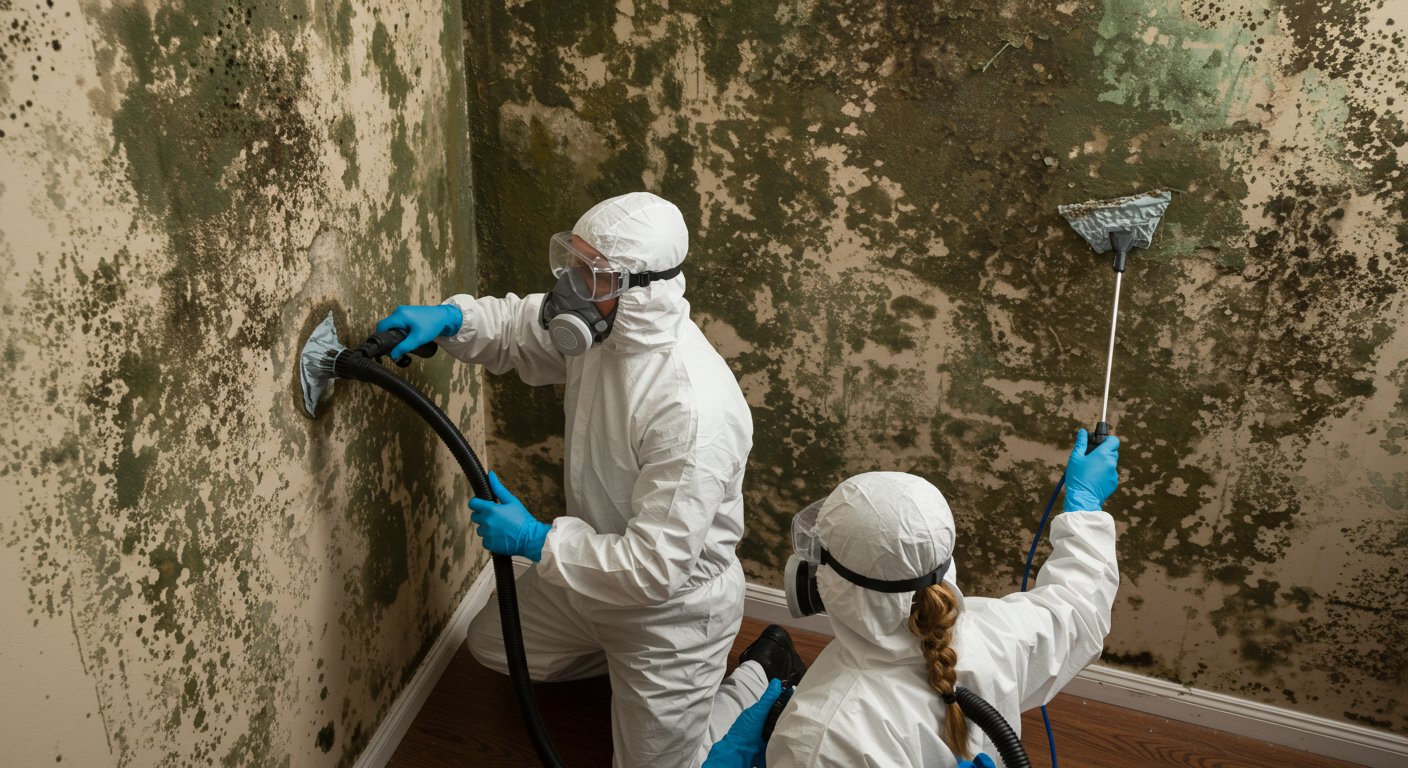 A team of professionals in protective gear actively removing mold from a wall, using specialized equipment and techniques.
