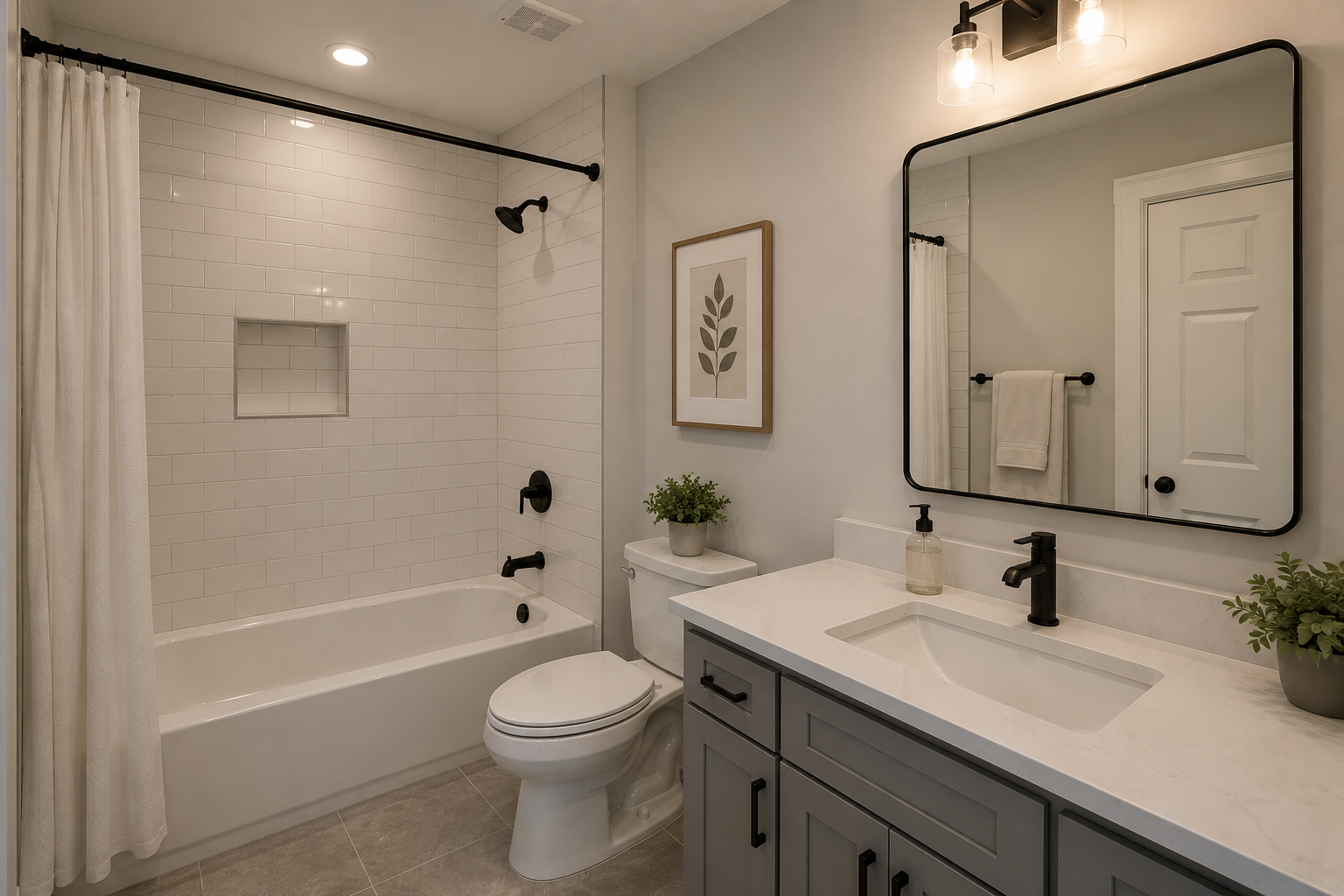 Mid-tier bathroom remodel — tile-look acrylic surround with updated finishes