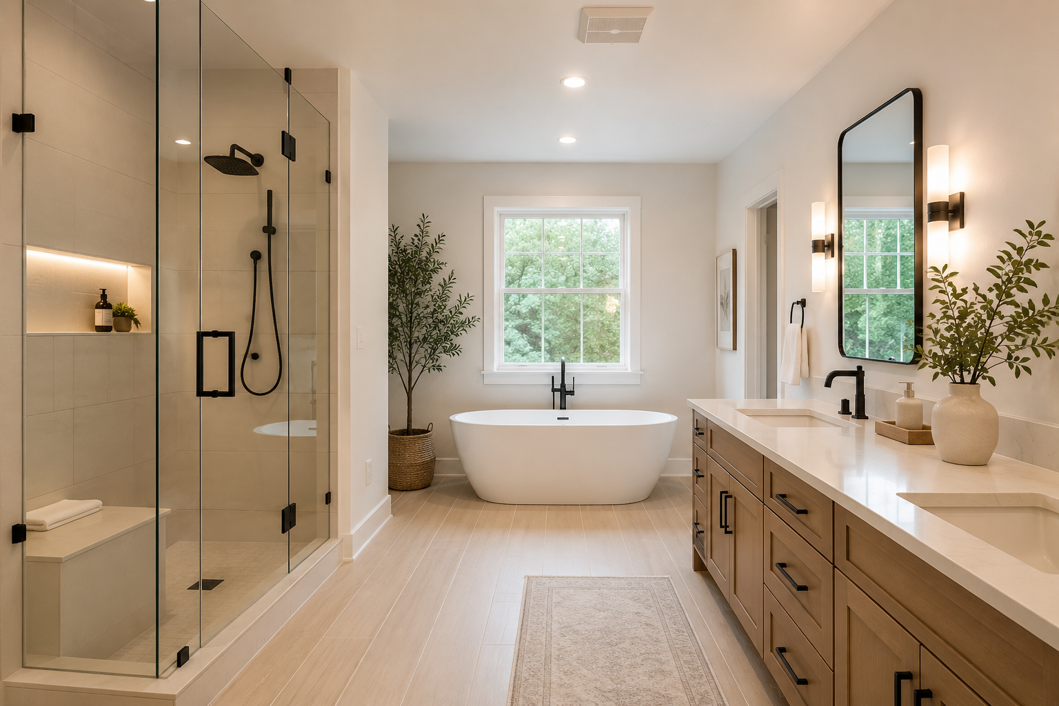 Custom bathroom remodel — walk-in shower, designer finishes, stone counters