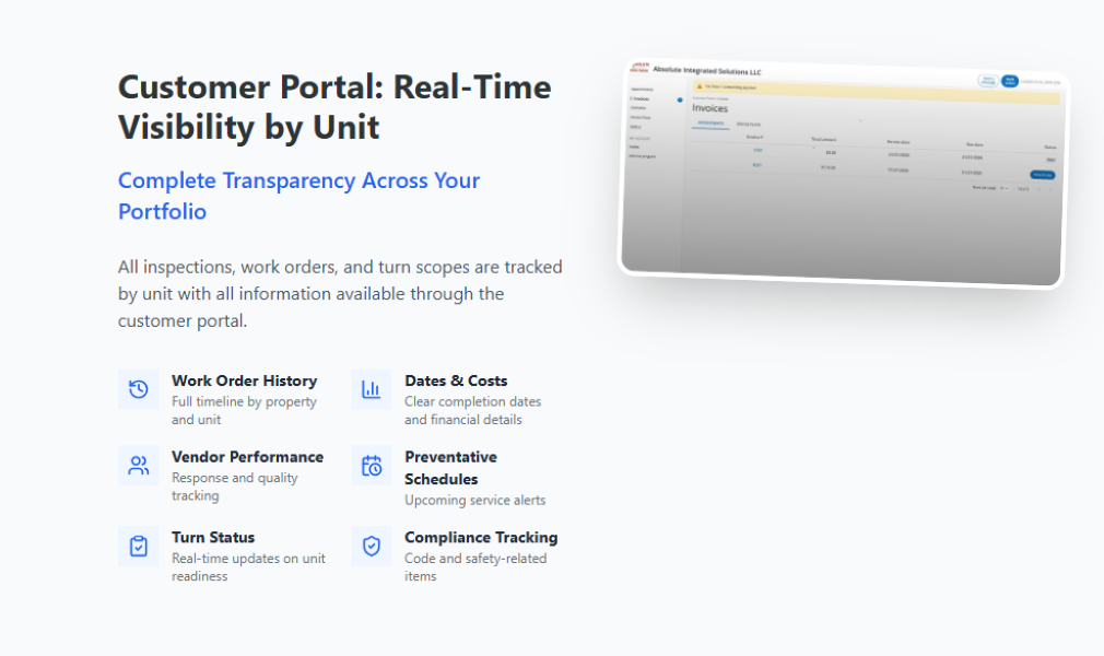 Absolute Integrated Solutions Customer Portal — invoices, work orders, and unit-level data